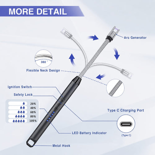 Type-C Rechargeable Flexible Arc Lighter – 360° Rotatable Neck & Safety Lock